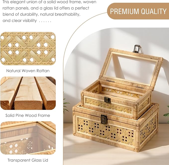Decorative Rattan Box Handmade Boho Natural Wicker Woven Basket | with Clear Glass Lid Wooden Frame, Keepsake Jewelry Organizer, Rectangular Desk Cane Boxes, Closet Shelf Storage, Large