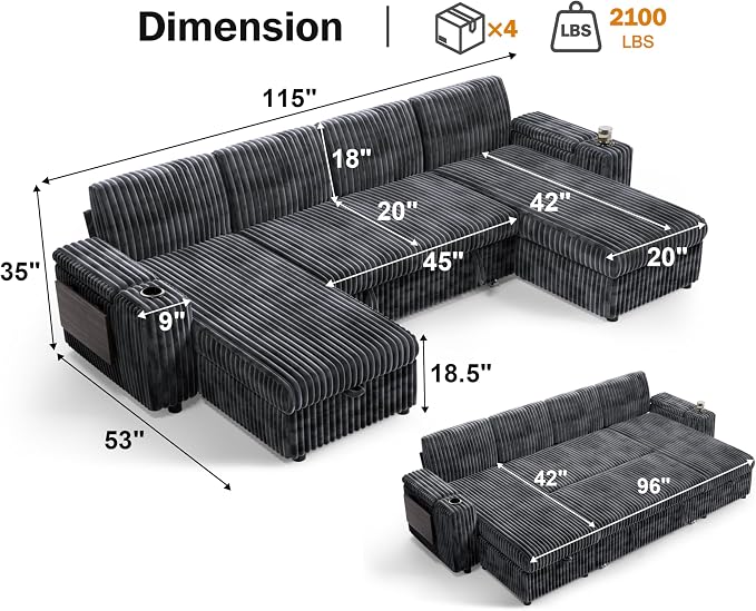 Vipbear 108" Modular Sectional Sleeper Sofa with Pull Out Bed, 4 Seat Plush Corduroy U Shaped Couch with USB Ports|Cup Holders|Side Table|Storage Chaise Armrests, Tool Free Assembly, Grey