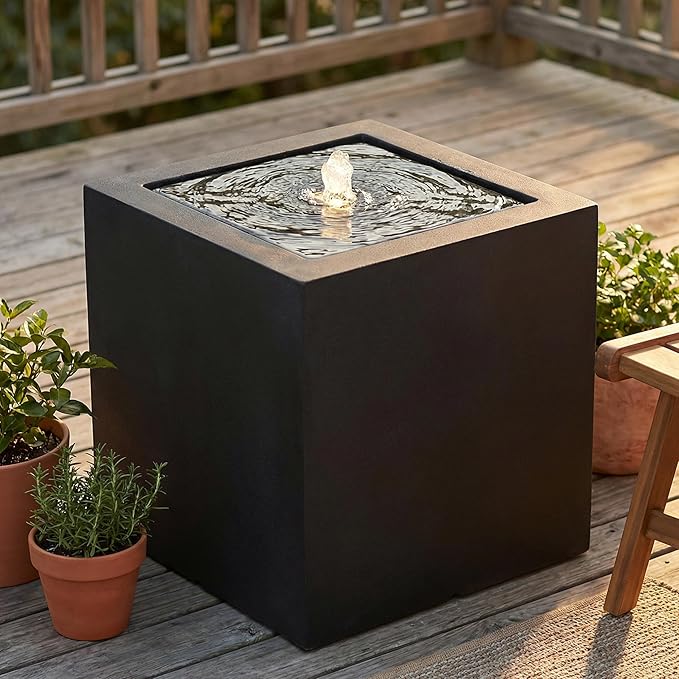 Sunnydaze Outdoor Water Fountain with LED Light - Modern Square Bubbler Water Feature with Pump - 17.5" H - for Patio, Garden, Deck, Relaxation and Stress Relief - Black