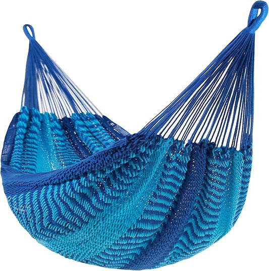 Lazy Daze Hammocks Handwoven Mayan Hammock, 10.5 FT Soft Rope Double Hammocks, Portable Outdoor Hammock with Carry Bag, 2 Straps & Carabiners for Patio Outside, 550 lbs Weight Capacity, Blue/Dark Blue