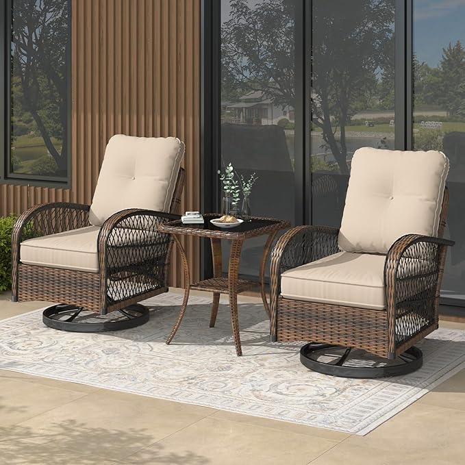 MELLCOM 3 Pieces Patio Furniture Set, Outdoor Swivel Rocker Patio Chairs, Wicker Patio Bistro Set with Rocking Chair, Thickened Cushions and Glass Coffee Table for Backyard, Garden, Khaki
