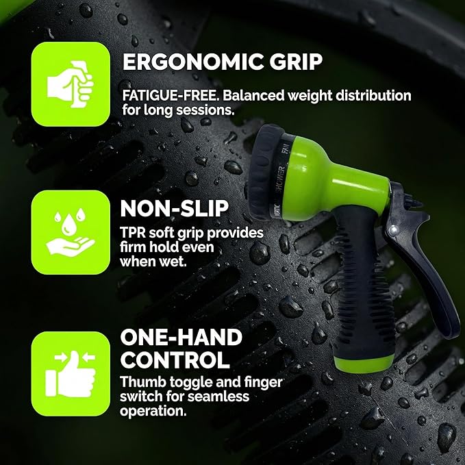 Garden Hose Nozzle Sprayer– this high heavy-duty spray nozzle offer 9 watering patterns for watering plants, lawns & gardens, washing cars, household (Green Dark)