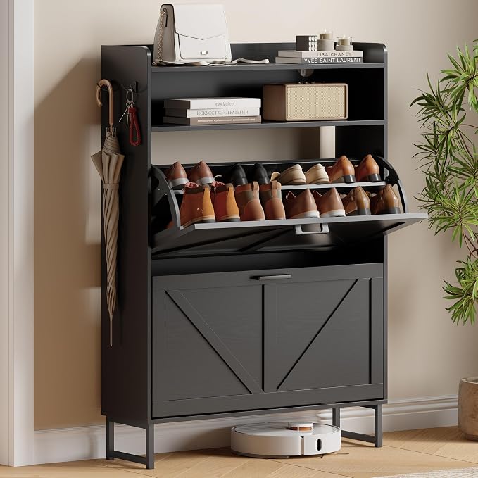 Xixini Shoe Storage Cabinet with 2 Flip Drawers, Entryway Shoe Rack, Black