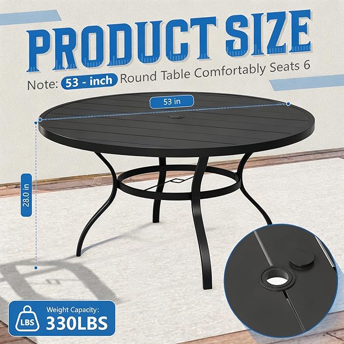 Patio Dining Table, 53" x 53" Outdoor Round Metal Table with1.57 Umbrella Hole, for Backyards, Porches, Gardens or Poolside, Black