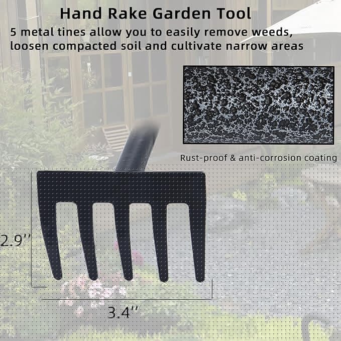 Hand Rake, Adjustable Handle Garden Small Rake Garden Tool, Heavy Duty Hand Tiller Cultivator with Soft Foam Grip, Mini Rakes for Weeding Tilling Soil Loosing Planting