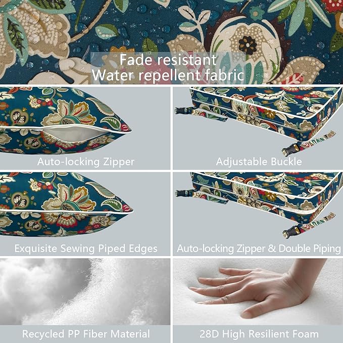 LVTXIII Outdoor Deep Seat Cushion 22"x22"x4" Patio Seat and Back Cushion Set Seasonal Chair Cushion for Dining Arm Chairs, Wicker Chairs and Garden Furniture Decoration, Peacock Blue