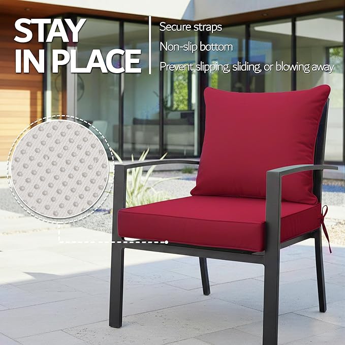 19x19 Inch Patio Chair Cushions Set of 2, Outdoor Furniture Cushions - Removable Cover, Water-Repellent, Fade-Resistant, Non-Slip Bottom & Straps, Replacement for Lawn, Porch & Deck Chair - Burgundy