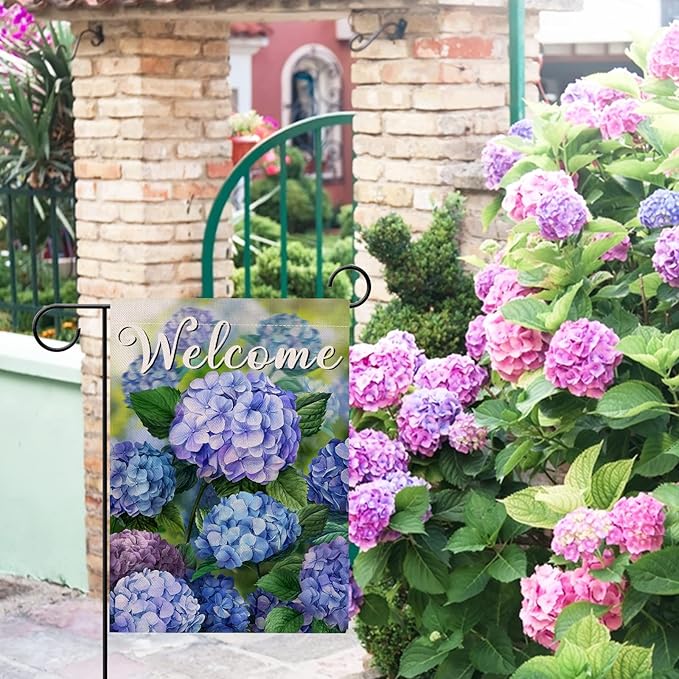 Hzppyz Welcome Spring Floral Flowers Garden Flag Double Sided, Hydrangea Decorative Yard Outdoor Home Small Decor, Summer Farmhouse Burlap Outside House Decoration 12 x 18