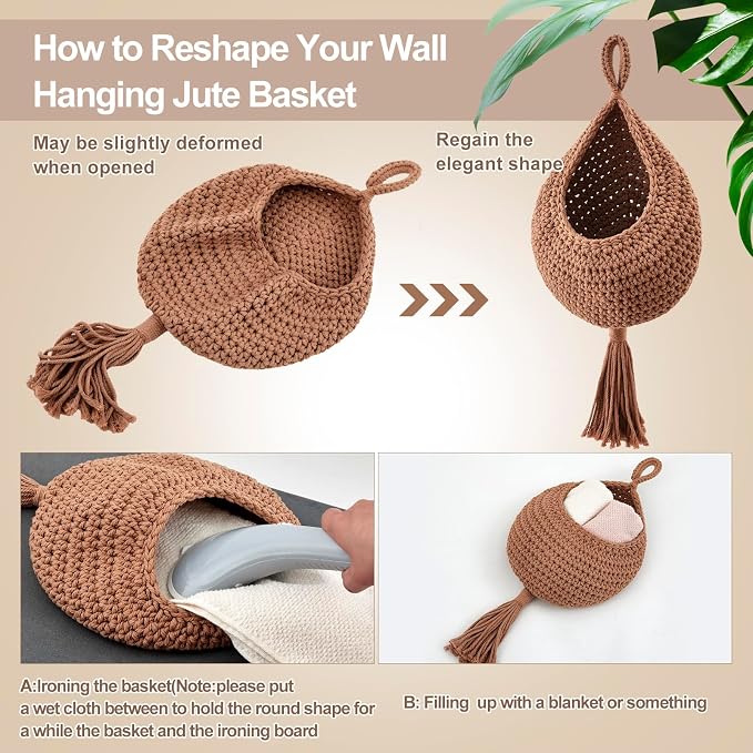 Honeydak 3 Hanging Baskets, White, Tassel, Cotton Rope | Wicker Wall Baskets with Hooks for Fruit Vegetable Onion Storage, Teardrop Organizer for Kitchen, Boho Farmhouse Decor