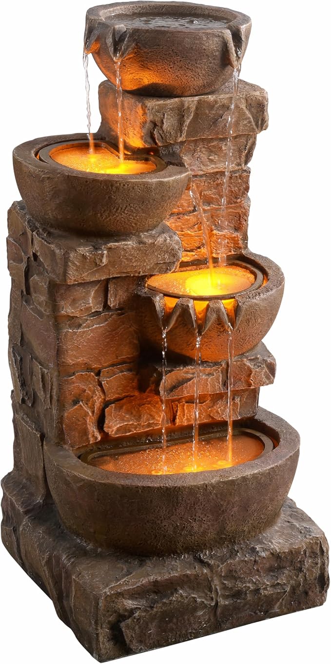 Teamson Home 33.27" Outdoor Freestanding Water Fountain with LED Lights, Cascading Bowls & Stacked Stones, Floor Fountain for Patio, Garden, Balcony, Lawn, Yard Decor, Brown Polyresin