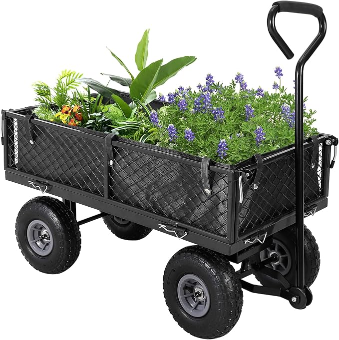 GarveeLife Heavy Duty Steel Garden Cart Folding Utility Wagon with Removable Cart Liner, 500 LBS Capacity