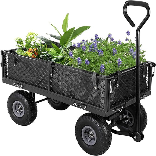 GarveeLife Heavy Duty Steel Garden Cart Folding Utility Wagon with Removable Cart Liner, 500 LBS Capacity