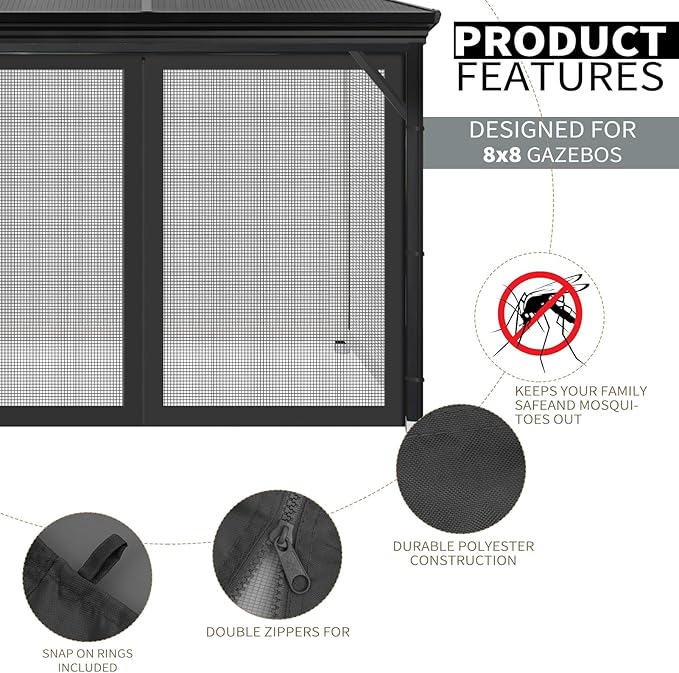 Gazebo Universal Replacement Mosquito Netting, 8' x 8' Outdoor Mesh Netting Screen 4-Panel Sidewall with Zipper for Patio, Canopy, Garden and Backyard, Black(Mosquito Net Only)