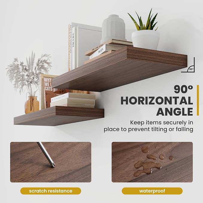 Acovy 40 Inch Floating Shelves, 9.3" Deep Floating Shelf Wall Mounted, 40" Wall Shelves, Rustic Deep Bookshelf, Large Display Shelves & Storage Shelves for Bedroom, Living Room, Walnut, Set of 2
