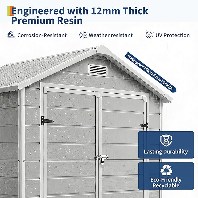 Outdoor Storage Shed with Floor, Plastic Resin Garden Shed with Window & Sloping Roof & Lockable Door for Patio Backyard Garden, Lawn Mower, Bike, Tool Storage (Light Gray, 6' X 4')