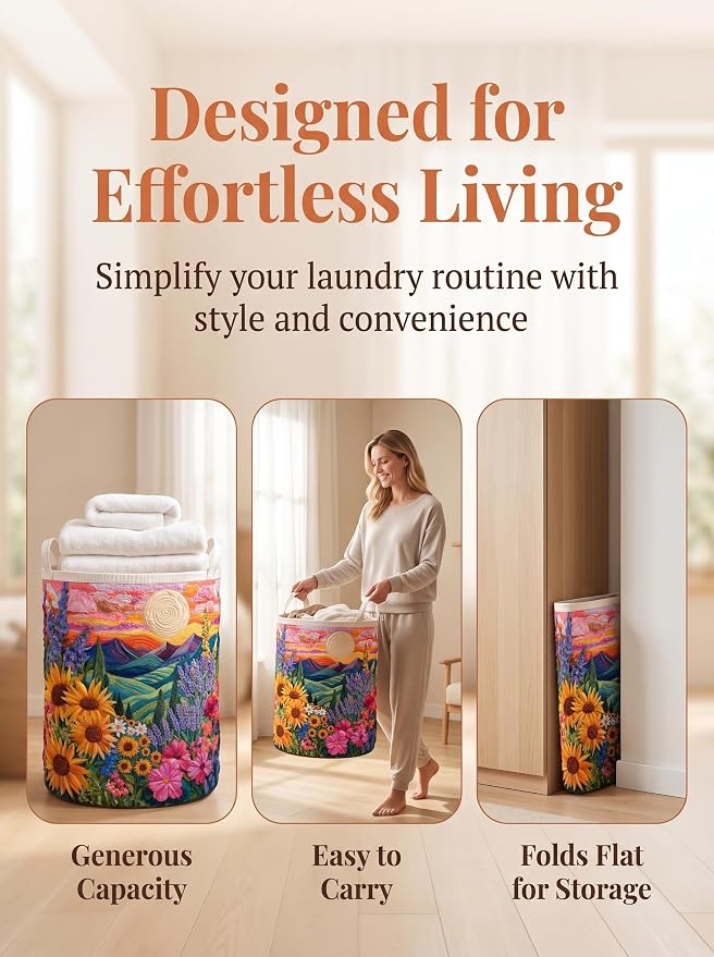 Quilted Laundry Basket with Handles, Boho Floral Quilted Storage Hamper, Large Capacity Laundry Hamper for Nursery Bedroom Laundry Room Home Decor (Pattern 12, Medium (22"H x 16"W x 16"L))