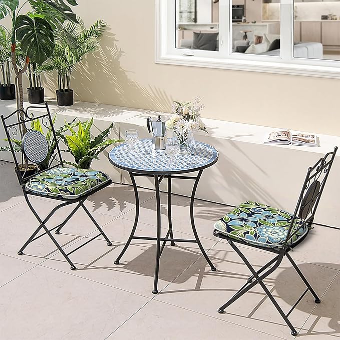 Outdoor Chair Cushions 16"x17" Set of 2, Water Resistant Patio Chair Pads with Ties, Seat Cushions for Home Garden Furniture Decoration, Azure Bloom