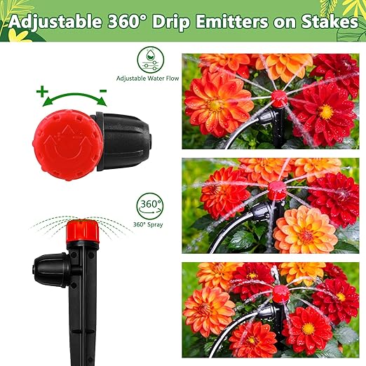 20 Pieces Drip Irrigation Emitters, Adjustable 360 Degree Drip Stream Emitters on 5" with Stake for 1/4" Drip Irrigation Tubing Irrigation 8 Hole Stream Drippers for Garden Watering System
