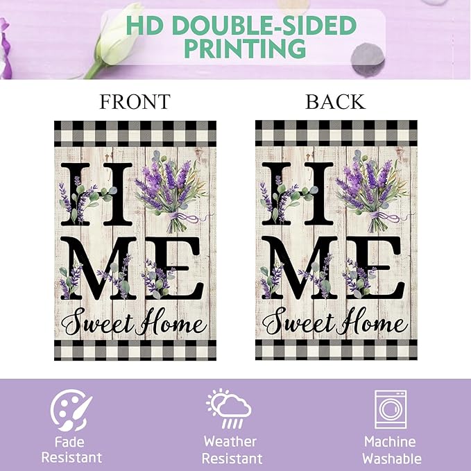 ORTIGIA Spring Summer House Flag 28 x 40 Inch Double Sided Burlap Home Sweet Home Purple Lavender Floral Flower Flag Yard Holiday Outdoor Outside Wedding Anniversary Decoration (Large)