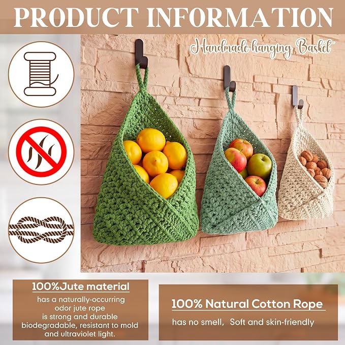 Honeydak 3 Hanging Baskets, Sage Color Palette, Triangle, Cotton Rope | Wicker Wall Baskets with Hooks for Fruit Vegetable Onion Storage, Teardrop Organizer for Kitchen, Boho Farmhouse Decor