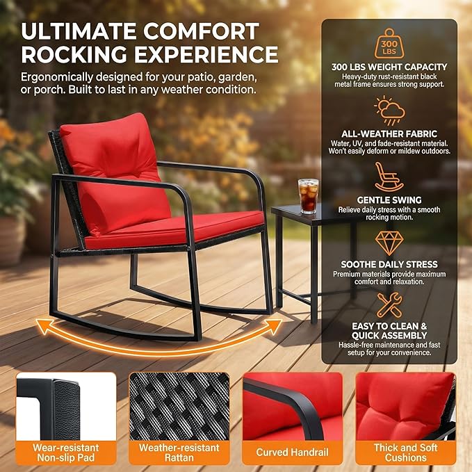 Flamaker Patio Chairs 3 Piece Wicker Rocking Chair Outdoor Bistro Sets with Coffee Table and Cushions Metal Frame Patio Furniture for Porch, Balcony, Lawn (Red)
