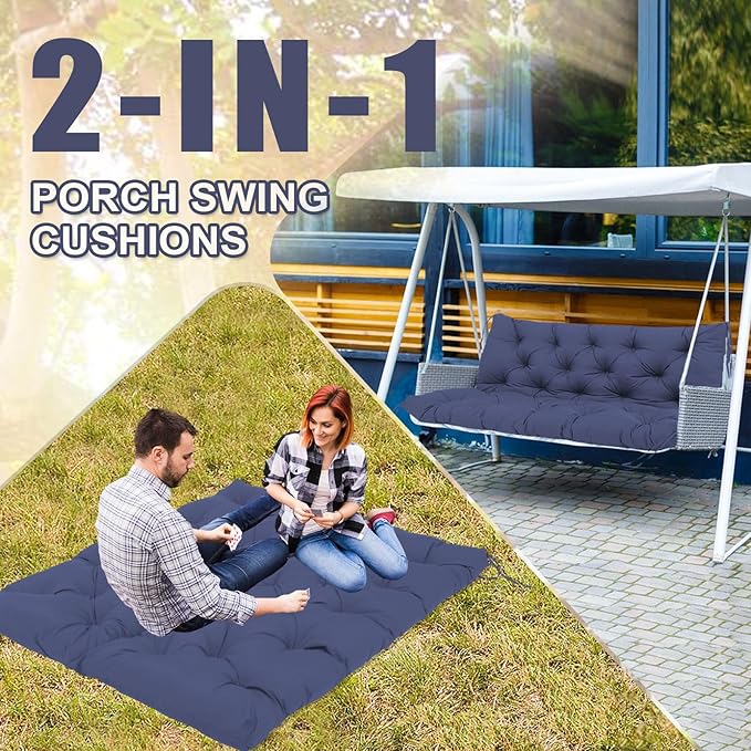 Premium 5" Thick Waterproof Outdoor Swing Cushions 3 Seater Sturdy Durable Porch Cushions 58 inch with Backrest&Ties Swing Cushions for Outdoor Furniture Backyard (Navy Blue, 58x40x5inches)