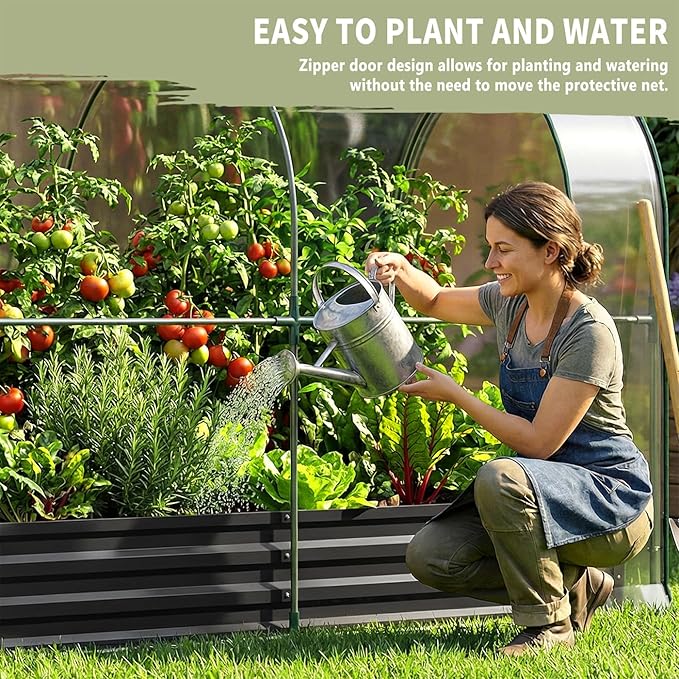 SUNYRISY Galvanized Raised Garden Bed with Greenhouse, Outdoor Metal Planter Box with Plant Bed Cover, Garden Box Protection for Gardening Vegetables Flowers Herbs Planting, Black