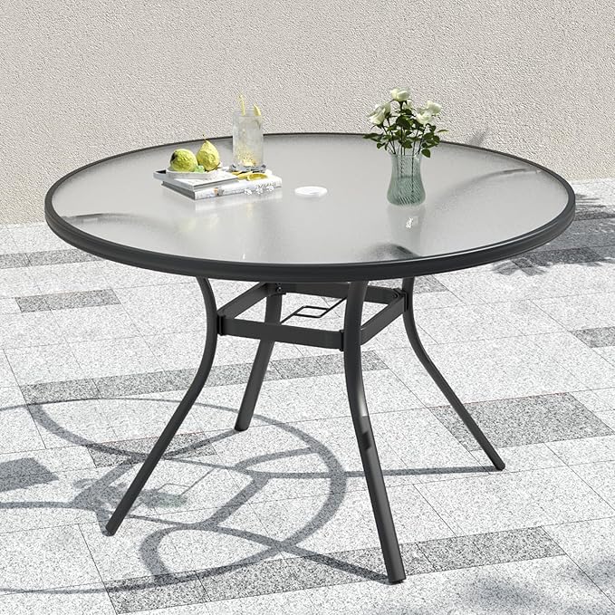Anmutig 40 inch Outdoor Round Glass Patio Dining Table for 4 Person with Umbrella Hole - Black Frame