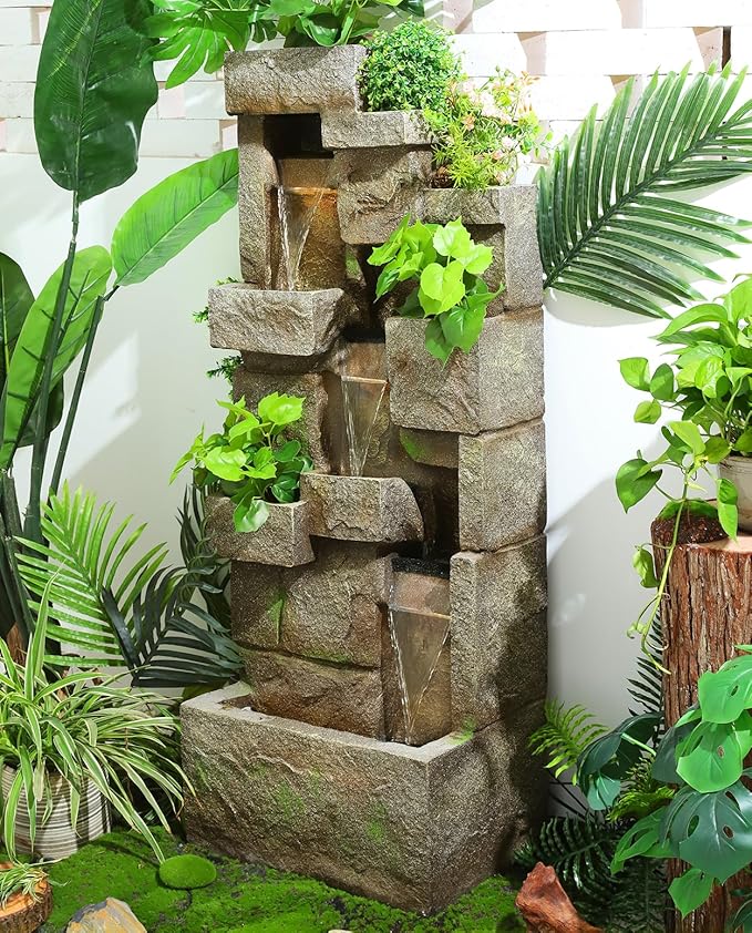 48.6" Water Fountain Outdoor Floor-Standing Garden Fountains with LED Lights 3 Tier Modern Waterfall Fountain Decor Rock Fountain for Patio Garden Yard Backyard Porch Home Art Decor, Yellow