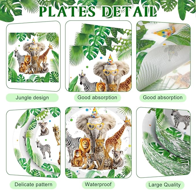 Funnymoom 400 Pcs Safari Happy Birthday Party Supplies for 50 Guests Jungle Animals Paper Plates and Napkins Knives Spoon Fork Cup Wild Animals Lion Tiger Dinner Sets for Zoo Birthday Party