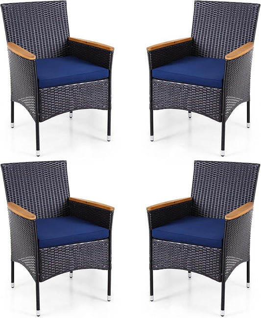 Sophia & William Rattan Patio Chairs Set of 4, 4 Pcs Wicker Outdoor Dining Chairs with Seat Cushions & Wood Armrest