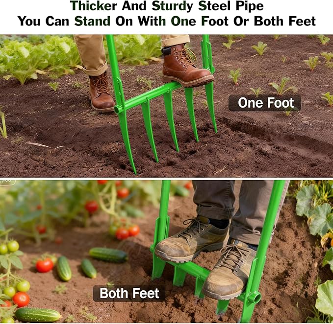56'' Heavy Duty Broadfork for All the Soils, Unbreakable Pitchfork, 5 Sharp Cambered 11'' Tines Bord Fork Garden Tool, Ergonomic Handles, Good Package, Easy Assembly, Cultivator & Tiller，Green.