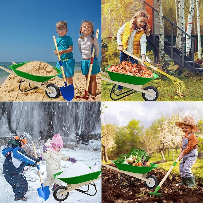 Qtioucp Kids Wheelbarrow Set with Gardening Tools Outdoor Backyard Garden Play for Toddlers Boys Girls 3-8, with Shovel, Rake, Leaf Rake, Easter Birthday Gifts (Green Garden Set)