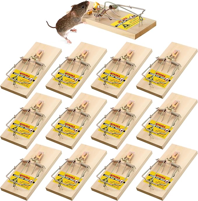 12 Pack Large Wooden Mouse Traps, Heavy Duty Rat Snap Traps with Metal Pedal, Sturdy Reusable Mousetraps for Fast Capture of Large Rats & Rodents, Safe for Indoor & Outdoor Use