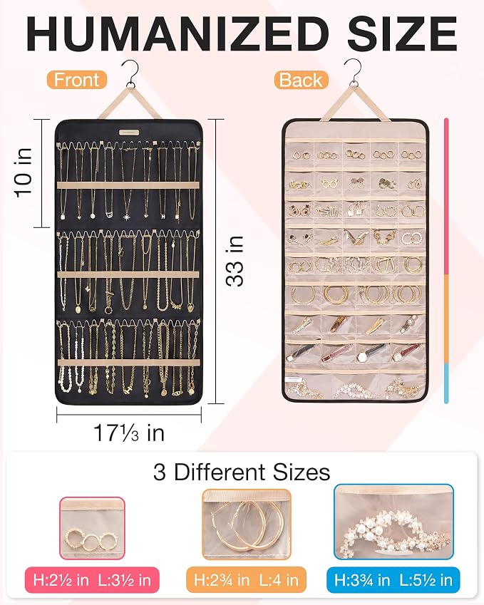 BAGSMART Hanging Jewelry Organizer Necklace/Earring/Ring 2-Sided XL Black | Case Storage Bag for Necklace, Earrings, Rings