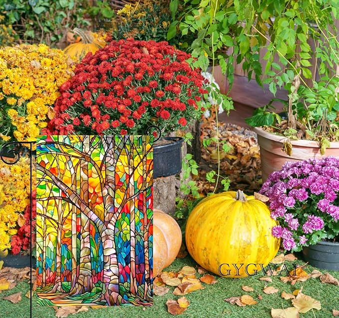 Fall Trees Garden Flag Glass Style 12x18 Inch Double Sided Small Burlap Autumn Seasonal Holiday Decoration for Outside Yard