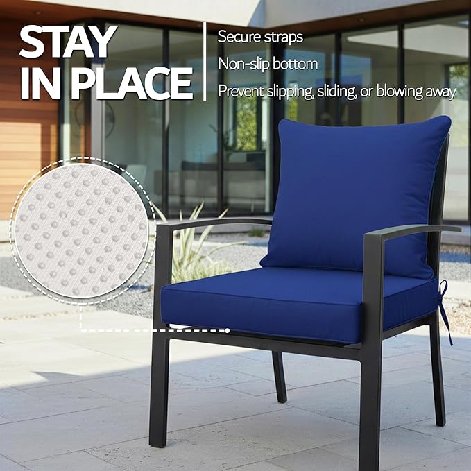 24x24 Inch Outdoor Chair Cushions Set of 2, Patio Furniture Cushions - Removable Cover, Water-Repellent, Fade-Resistant, Non-Slip Bottom & Straps, Replacement for Deep Seat Sofa & Couch - Navy