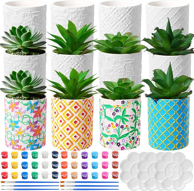 Zubebe 12 Pcs Paint Your Own Ceramic Pots Bulk Unfinished Succulent Pots Painting Kit with Drainage Hole Mini Paintable Plant Vase Ready to Paint Planter for Cactus DIY Craft