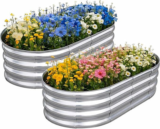 TATAANTY Galvanized Raised Garden Bed for Outdoor: 4X2X1ft Durable Metal Vegetable Plant Container Kit - Oval Planter Box for Gardening Flower Trough （2 Pack）