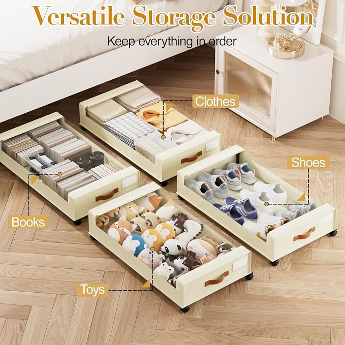 Yecaye 60L Under Bed Storage with Wheels, 2 Pack, Beige