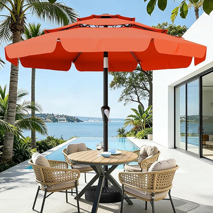 AreShark 9FT 3-Tiers Patio Umbrella with Valance, Outdoor Umbrellas with Crank/Tilt, Table Market Umbrella Vented w/ 8 Sturdy Ribs for Garden, Deck, Backyard, and Pool, Orange