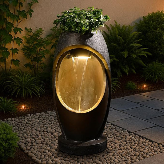 Tankana Waterfalll Water Fountain Outdoor Garden Patio Freestanding Fountains Water Feature with LED Lights, Planter Groove and Oval Cutout Design for Backyard Deck Porch Home Decor, Brown