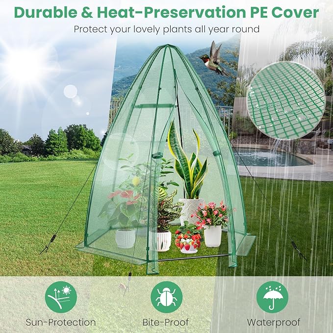 Happygrill Portable Mini Greenhouse, Garden Green House W/Roll-up Zipper Door and Window, Windproof PE Cover, 9 Ground Stakes & 4 Windproof Ropes, Indoor and Outdoor Greenhouse for Backyard