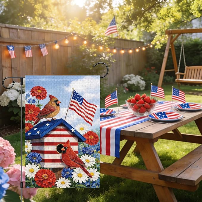Heyfibro 4th of July Cardinals Patriotic Garden Flag 12x18 Double Sided Burlap, Birdhouse Red White & Blue Daisy Floral Yard Banner for Rustic Independence Day Outdoor Decor (ONLY FLAG)