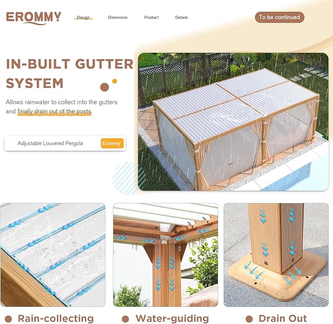 EROMMY Louvered Pergola 12x20, Outdoor Aluminum Pergola with Adjustable Rainproof Roof for Garden, Patio, Deck, Waterproof Curtains and Netting Included, Wood Grain