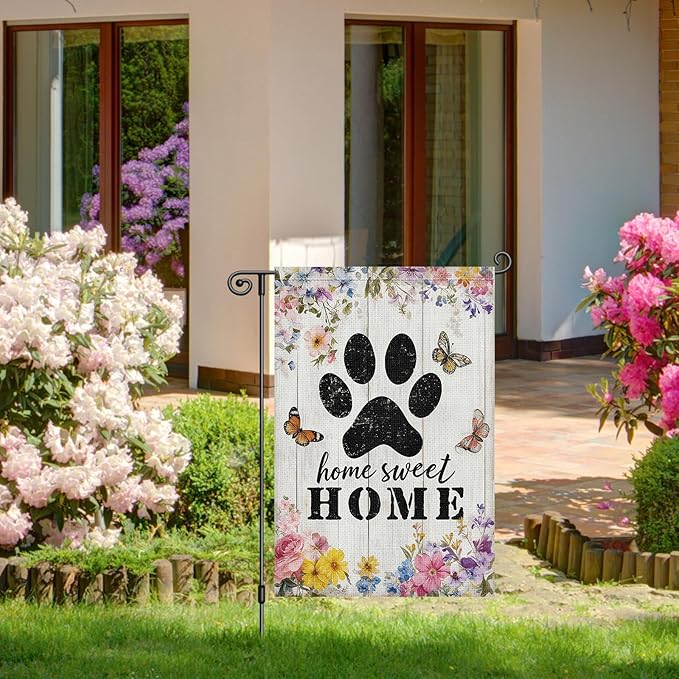 Heyfibro Spring Home Sweet Home Garden Flag 12x18 Inch Double Sided Floral Garden Flag Seasonal Small Paw Print House Flags for Outside Yard Farmhouse Spring Outdoor Decorations