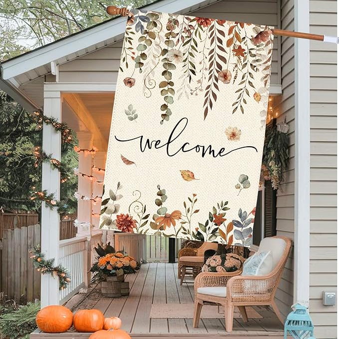 Fall Thanksgiving Eucalyptus Floral Welcome Garden Flag 28 x 40 Inch Double Sided, Autumn Flower Burlap Large Yard House Flag Farmhouse Seasonal Holiday Patio Outdoor Outside Decoration
