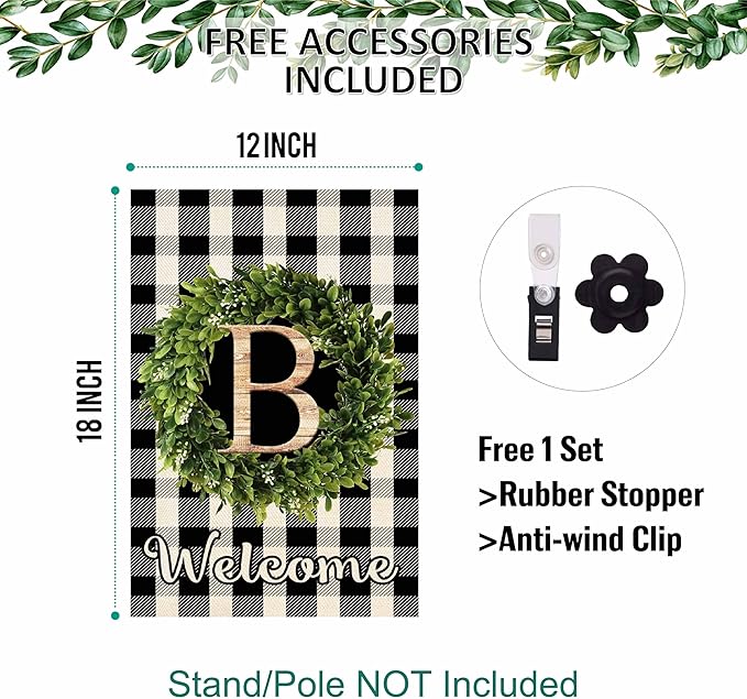 Baccessor Monogram Letter B Garden Flag 12.5 x 18 Inch, Buffalo Plaid Family Last Name Initial Boxwood Wreath Welcome Vertical Double Sided Small Flags for Outdoor Outside Decoration