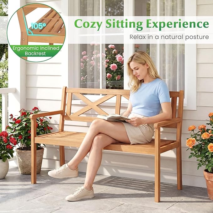 Tangkula Acacia Wood Outdoor Loveseat Bench, 2-Person Patio Garden Bench with Armrests & Backrest, Slatted Wooden Outside Seating Furniture for Backyard, Porch, Deck (X-Shaped Backrest)
