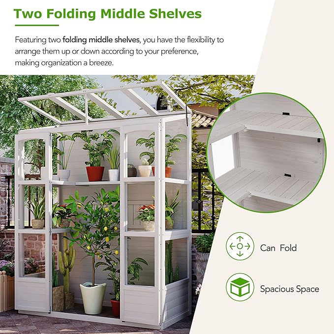 Walk-in Greenhouse for Outdoor 78 Inch Wooden Green House Cold Frame with 2 Doors 4 Openable Independent Skylights 2 Folding Middle Shelves Heavy Duty Plant Gardening Green House for Backyard, White